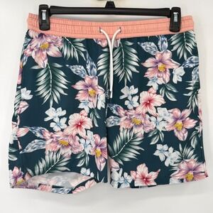 Public Record Swim Trunks Men L Teal Floral Tropical Hibiscus Beach Shorts